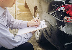Person with a clipboard inspecting a dented car